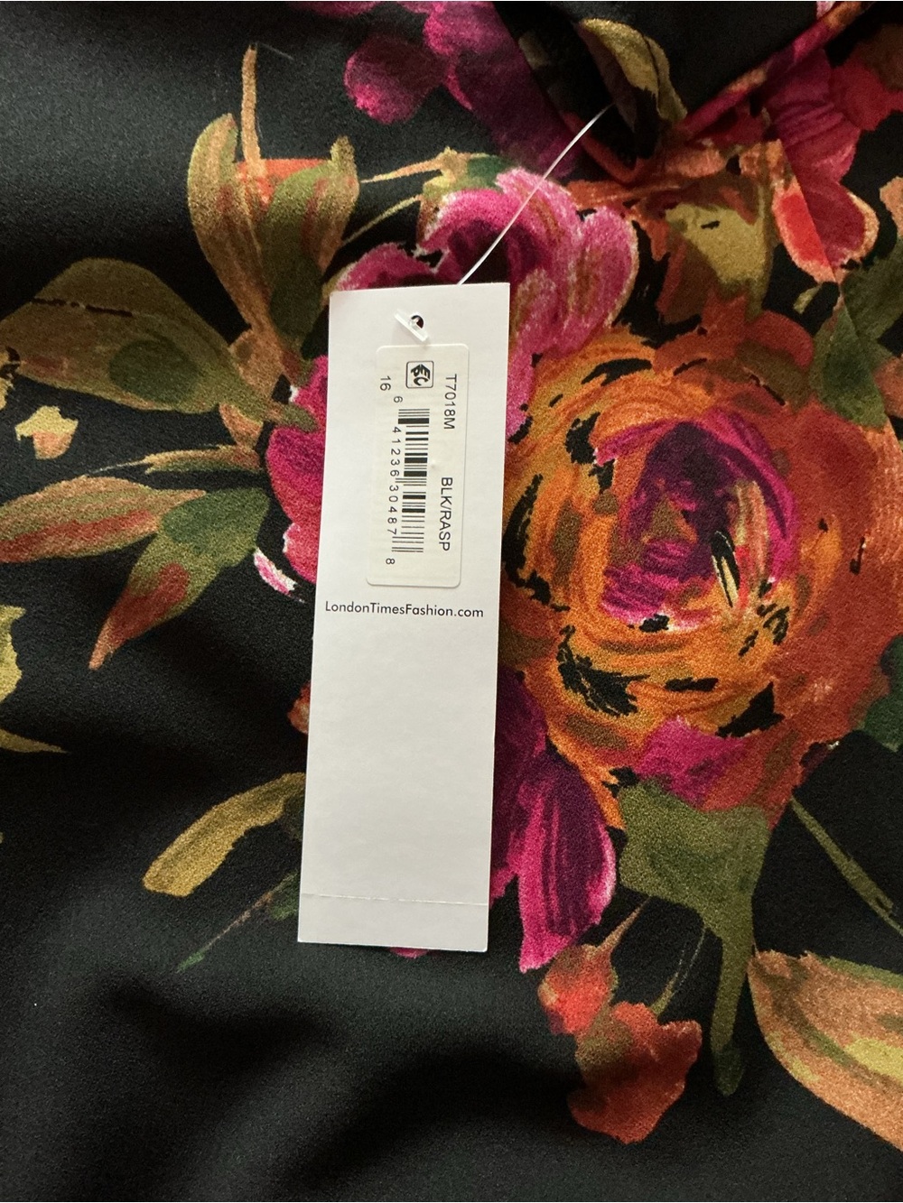 London Times Black Floral 3/4-Sleeve A-Line Dress with Pink and Red-Orange Roses - Picture 6 of 11